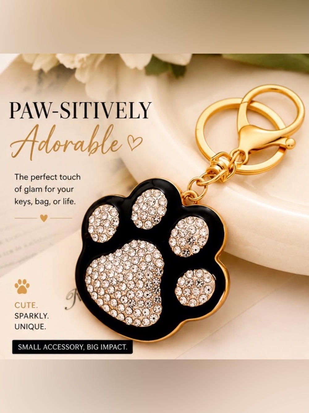 Elegant METAL Black and Gold Dog Paw Keychain or bag  backpack charm NWT
